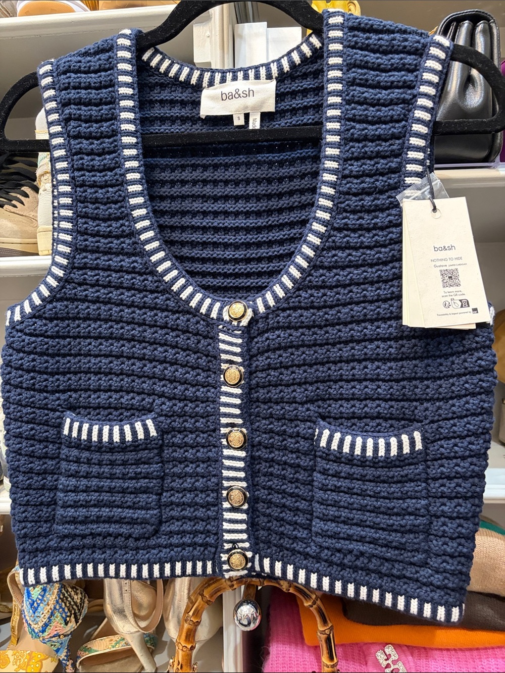 ba&sh Navy Knit Sleeveless Cardigan with White Trim
